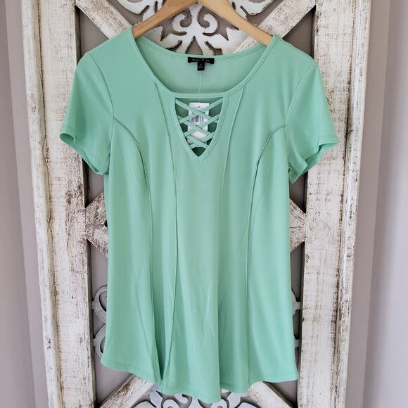 Sami & Jo Women's Short Sleeve Criss Cross V-Neck Seam Detail Top Summer Green - Picture 6 of 7